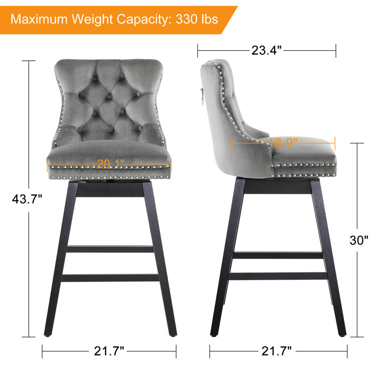 Gray Velvet Upholstered Swivel Bar Stools with Wood Legs, Set of 2