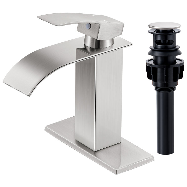 Brushed Nickel Single-Handle Low Arc Bathroom Faucet with Drain