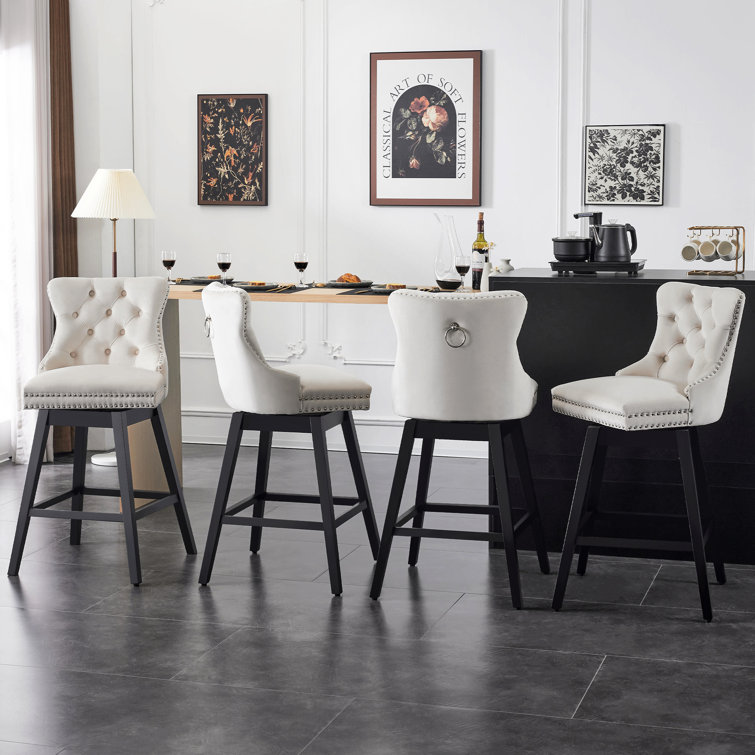 Beige Velvet Upholstered Swivel Counter Stools with Wood Legs, Set of 4