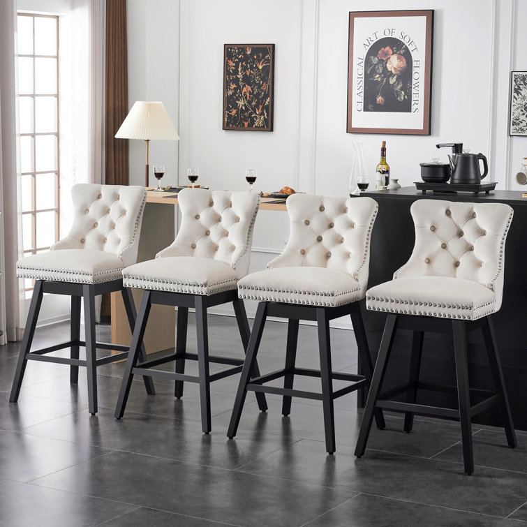 Beige Velvet Upholstered Swivel Counter Stools with Wood Legs, Set of 4