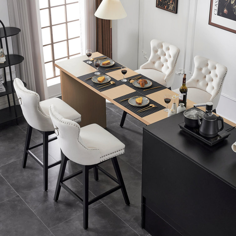 Beige Velvet Upholstered Swivel Counter Stools with Wood Legs, Set of 4