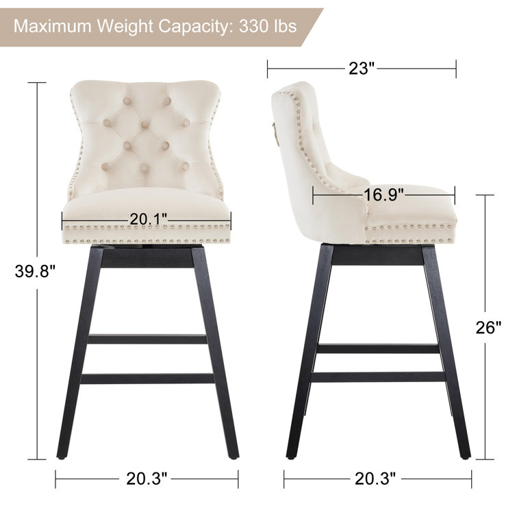 Beige Velvet Upholstered Swivel Counter Stools with Wood Legs, Set of 4