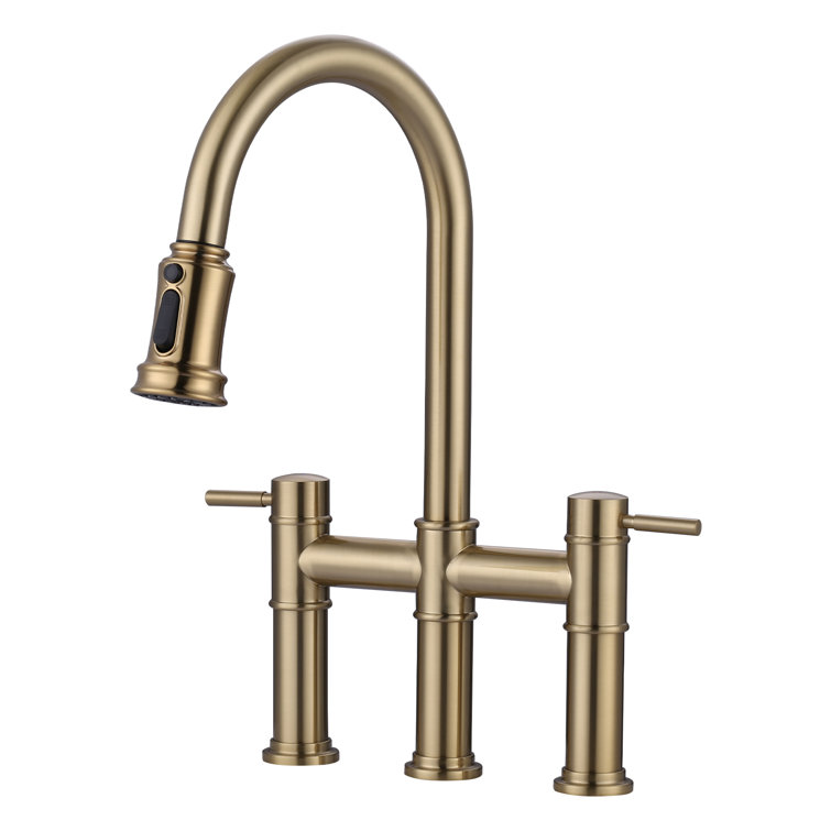 Brushed Gold Double Handle Bridge Kitchen Faucet with Pull Down Sprayer