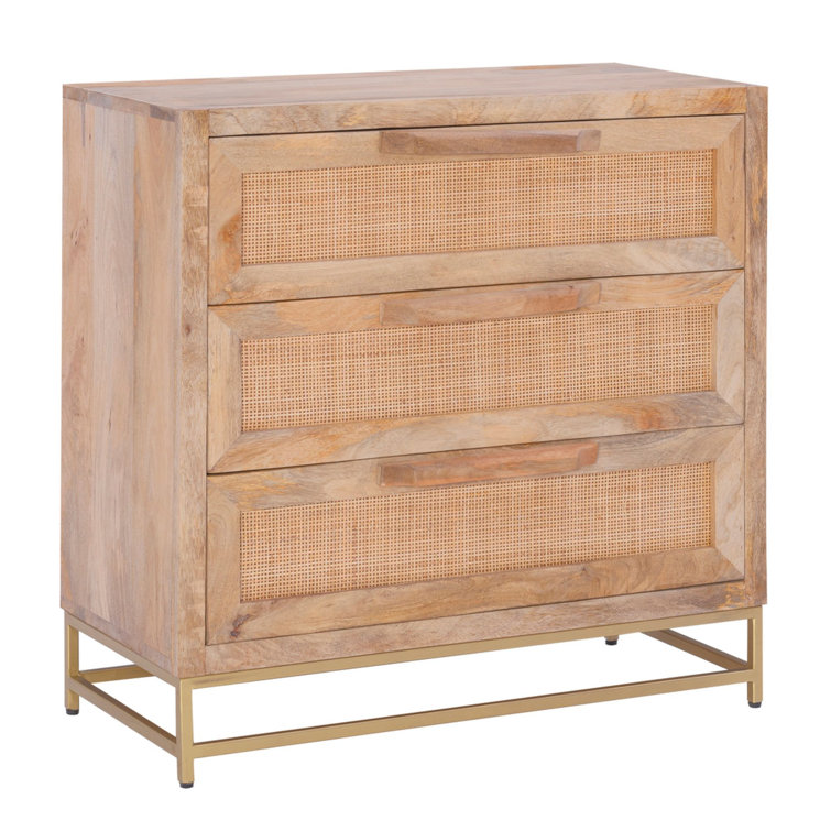 Janie 3-Drawer Natural Rattan and Gold Metal Cabinet