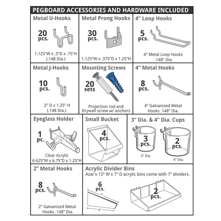 Azar Displays 900988-BLU 125-Piece Pegboard Organizer Kit (2 - 24"x24")