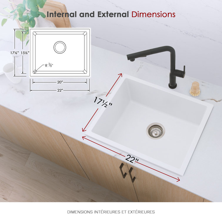 White 22" Composite Granite Single Bowl Drop-in Kitchen Sink