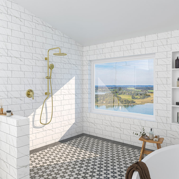 Brushed Gold Large Dual Round Wall Mounted Shower System
