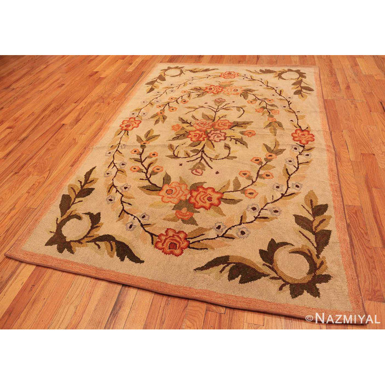 Antique Floral American Hooked Wool Rug in Beige and Brown