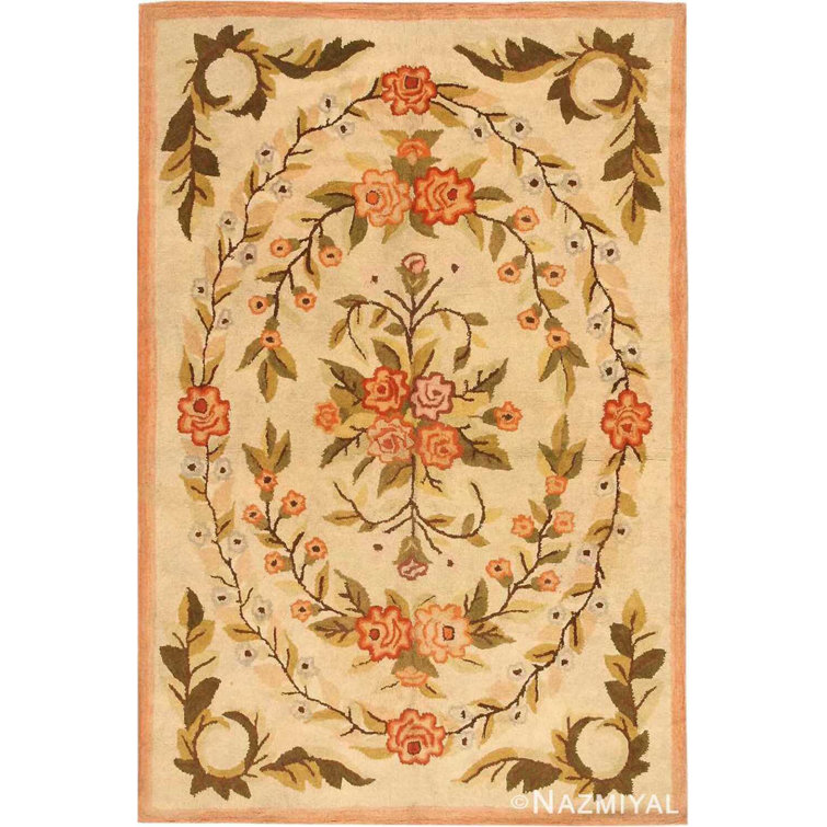 Antique Floral American Hooked Wool Rug in Beige and Brown