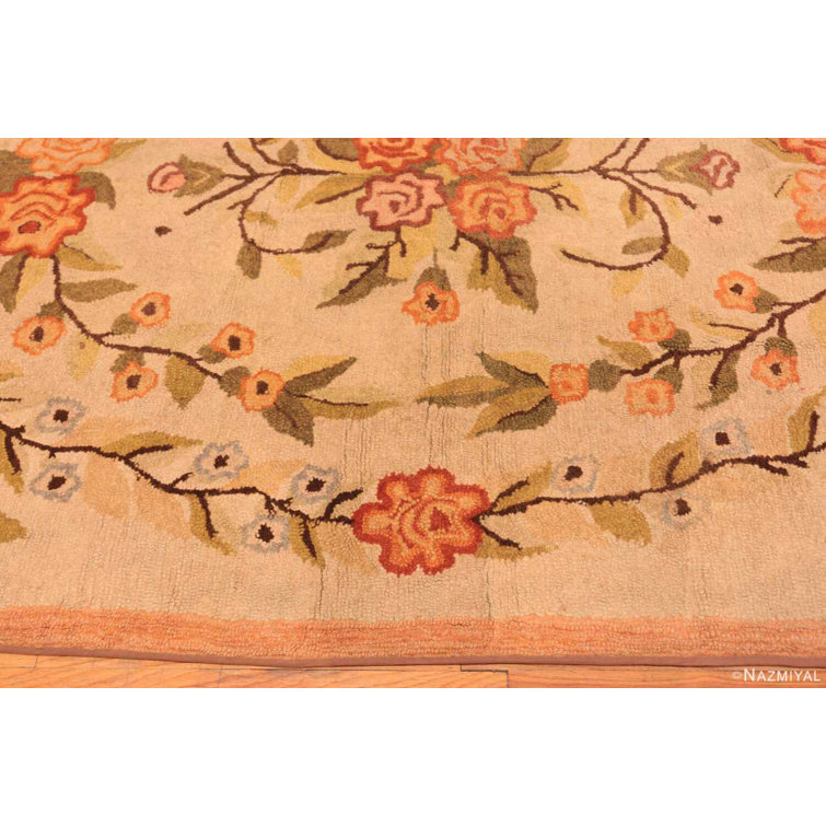 Antique Floral American Hooked Wool Rug in Beige and Brown