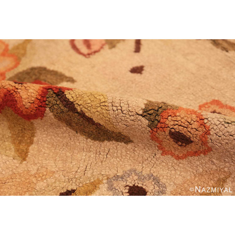 Antique Floral American Hooked Wool Rug in Beige and Brown