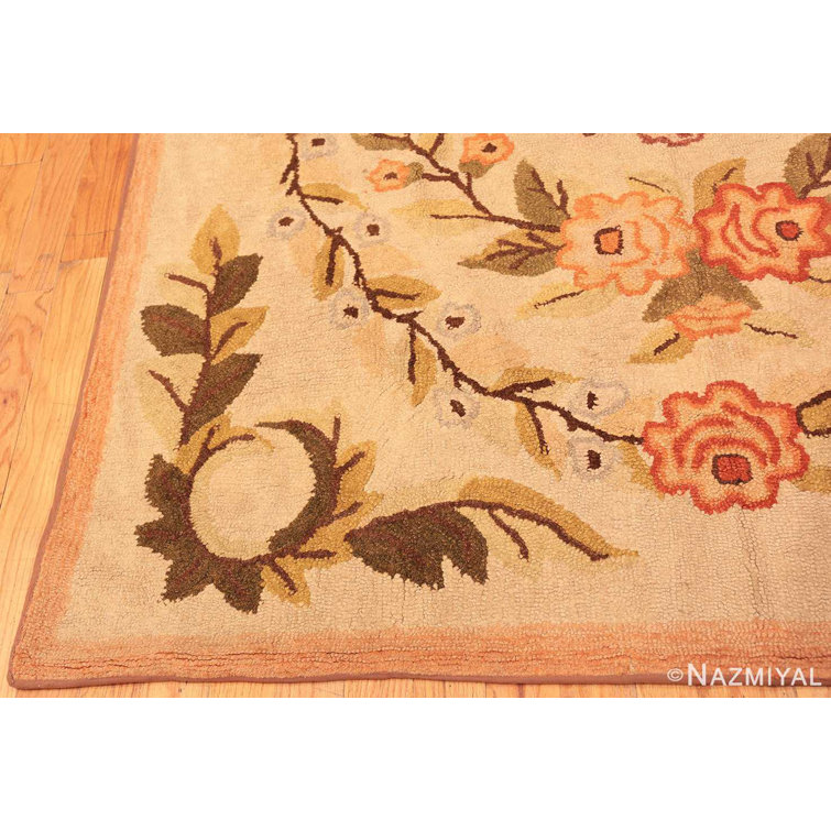 Antique Floral American Hooked Wool Rug in Beige and Brown