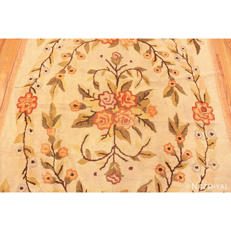 Antique Floral American Hooked Wool Rug in Beige and Brown