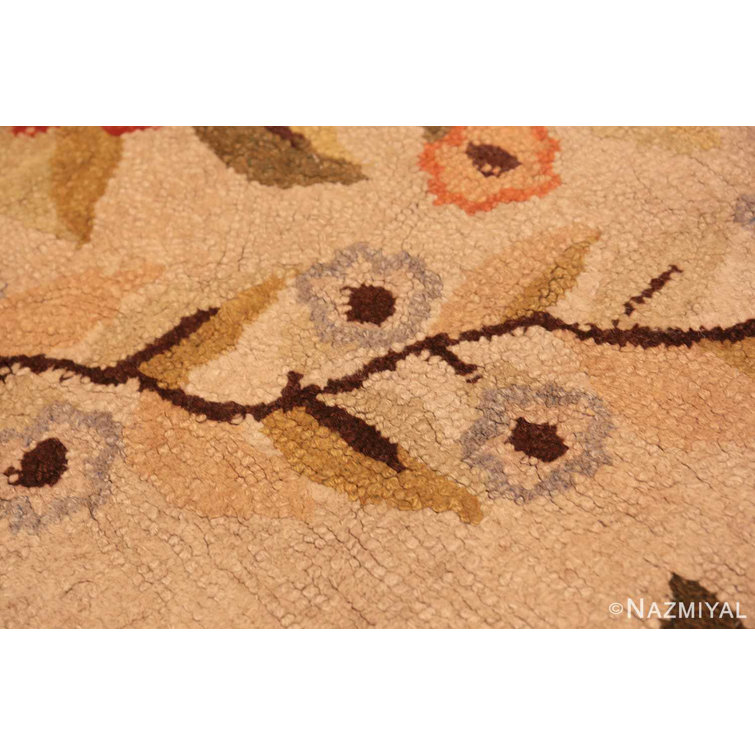 Antique Floral American Hooked Wool Rug in Beige and Brown