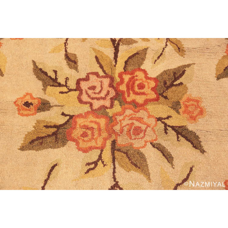 Antique Floral American Hooked Wool Rug in Beige and Brown