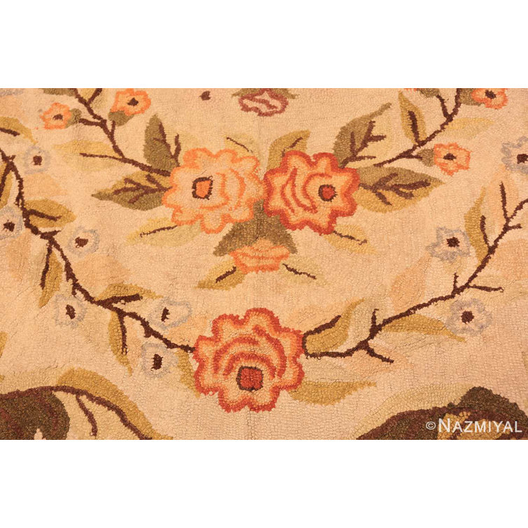 Antique Floral American Hooked Wool Rug in Beige and Brown