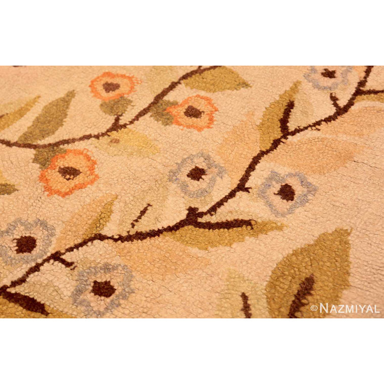 Antique Floral American Hooked Wool Rug in Beige and Brown
