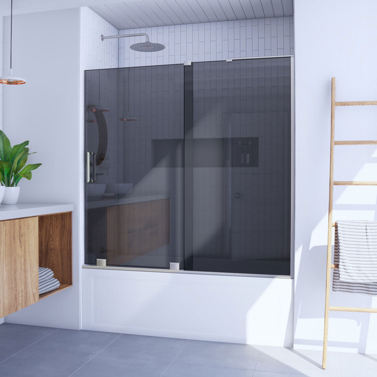 Mirage-X Brushed Nickel Frameless Sliding Tub Door with Smoke Gray Glass