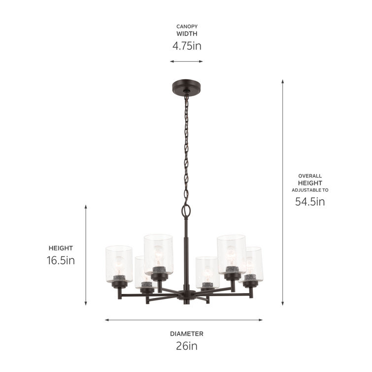 Bronze 6-Light Chandelier with Clear Seeded Glass Shades