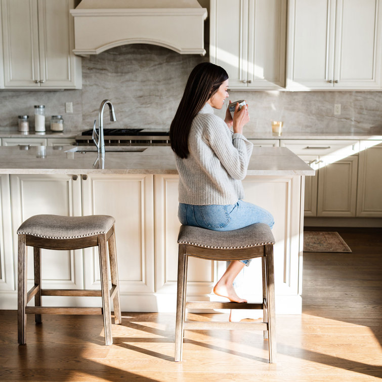 Adrien Gray Wirebrush Backless Saddle Wood Counter Stool