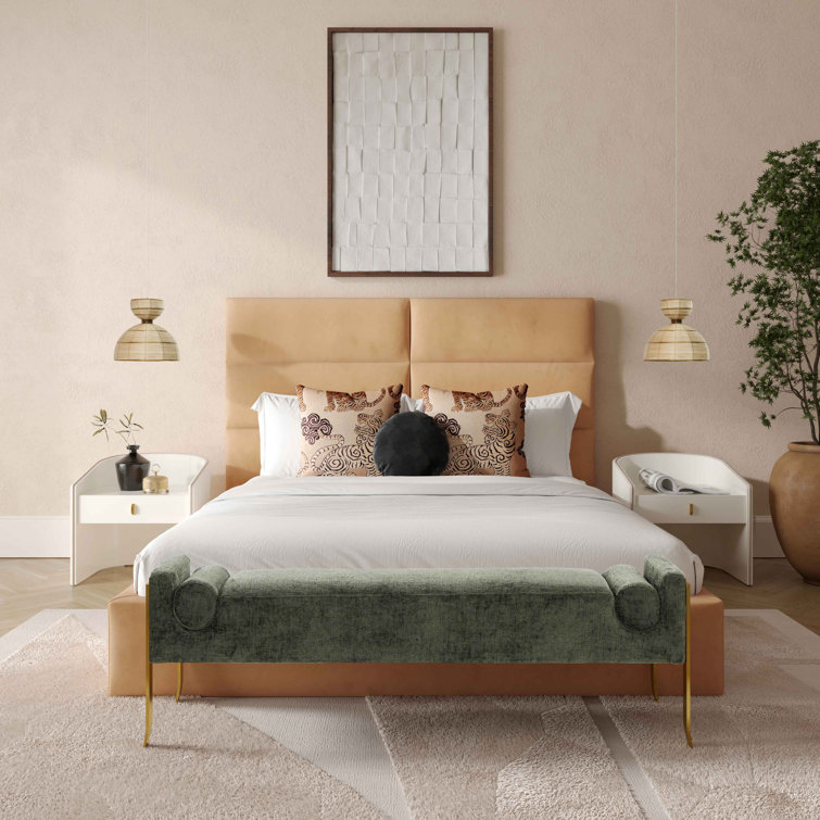 Eliana Beige Velvet Upholstered Queen Bed with Headboard