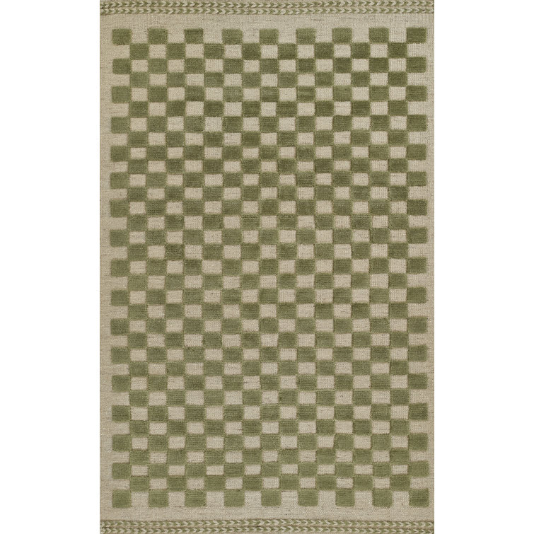 Beige and Olive Green Wool Checkered 10' x 14' Rug