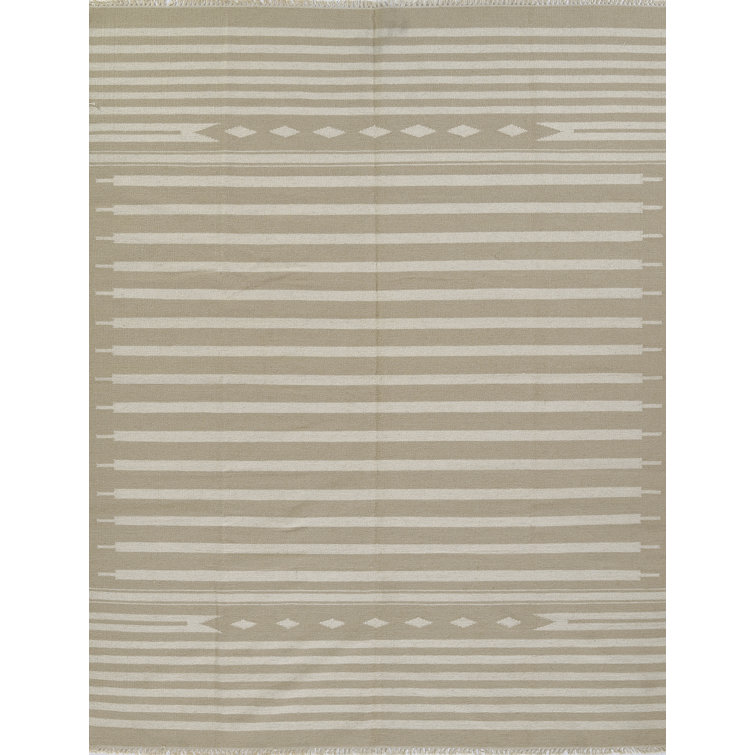 Beige and Ivory Geometric Wool Flat Woven Area Rug 5' x 7'