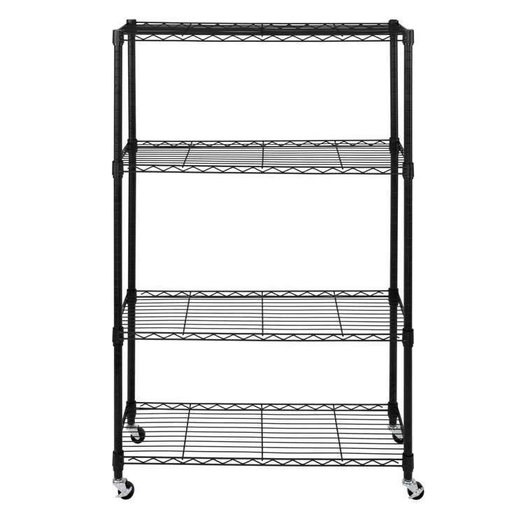 Adjustable Black Steel 4-Tier Wire Shelving Unit with Wheels