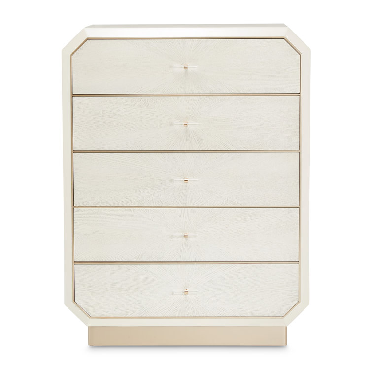 White Oak Veneer 5-Drawer Dresser with Champagne Accents