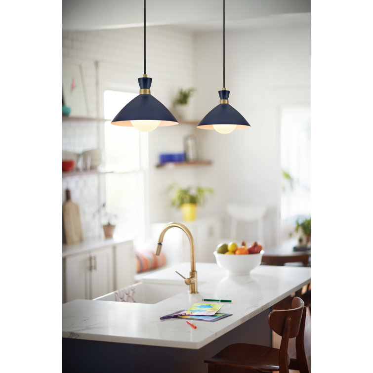 Matte Navy Metal Pendant Light with Brass Accents