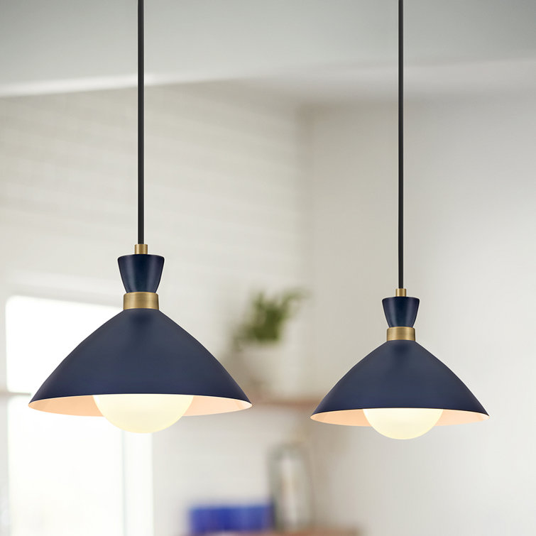 Matte Navy Metal Pendant Light with Brass Accents