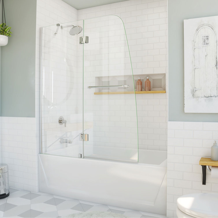 Aqua 48" Clear Glass Frameless Hinged Tub Door with Brushed Nickel Hardware