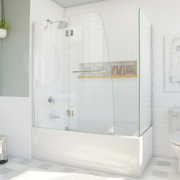 Aqua Frameless Clear Glass Hinged Tub Door with Brushed Nickel Hardware