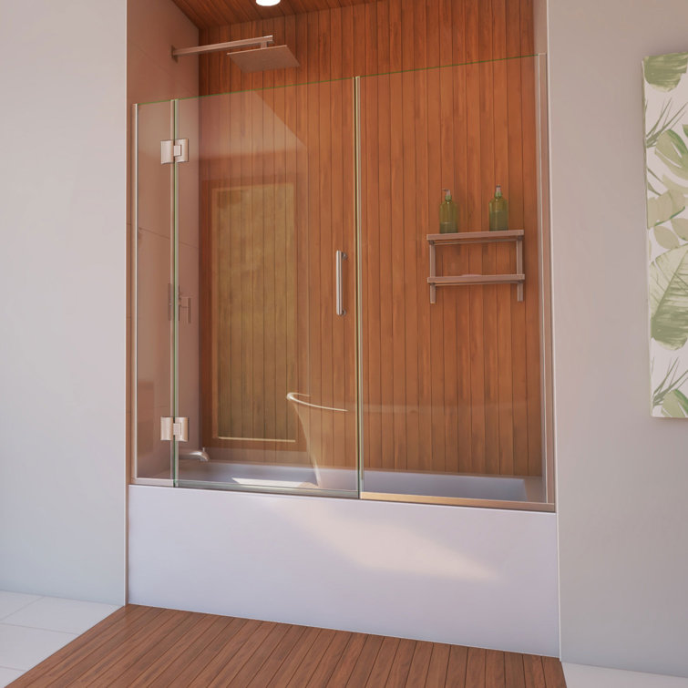 Clear 58" Frameless Hinged Tub Door with Black Hardware