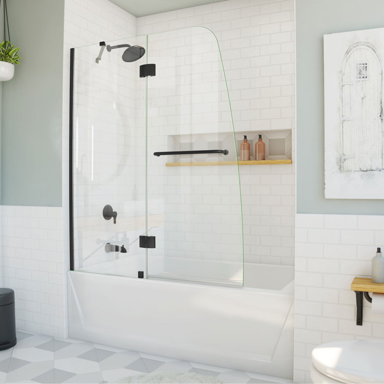 Aqua 48" Matte Black Frameless Hinged Tub Door with Clear Glass