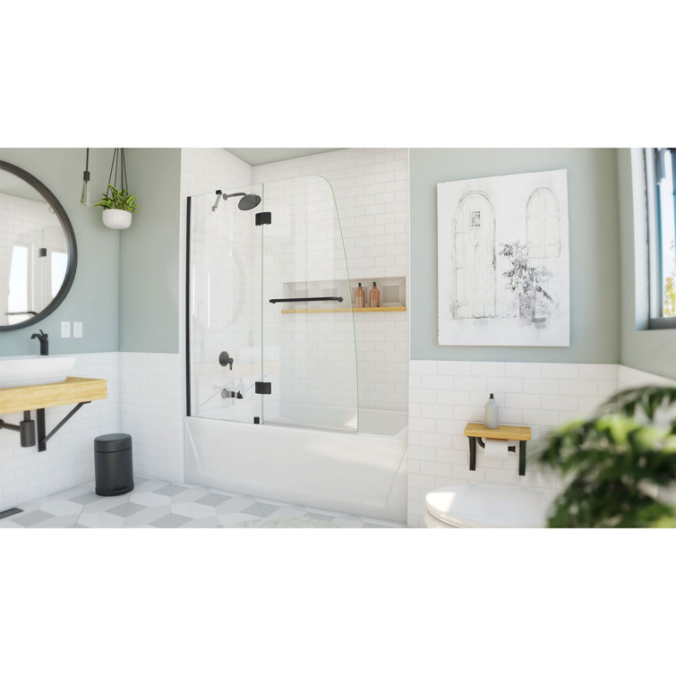 Aqua 48" Matte Black Frameless Hinged Tub Door with Clear Glass