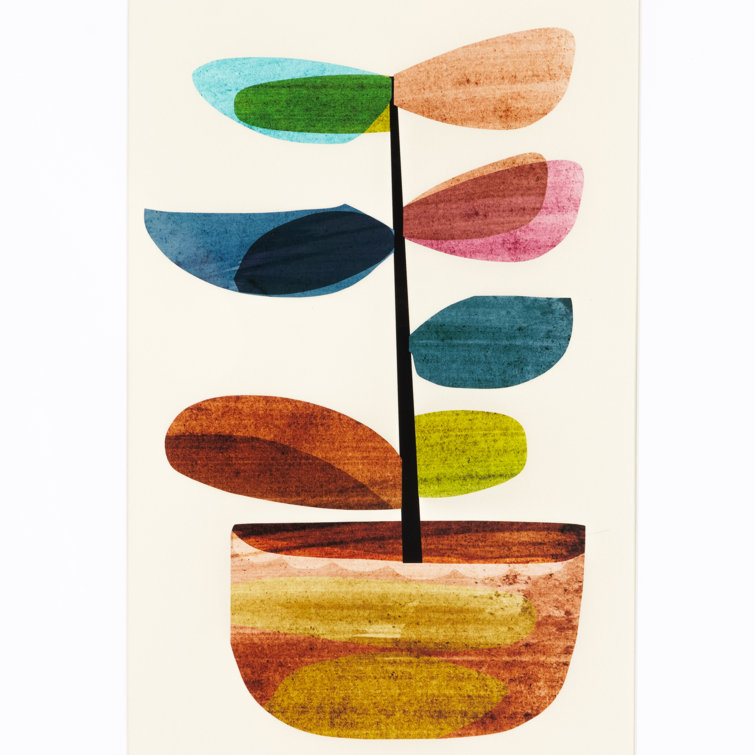 Modern Minimalist Multicolor Plant Art in Oak Frame
