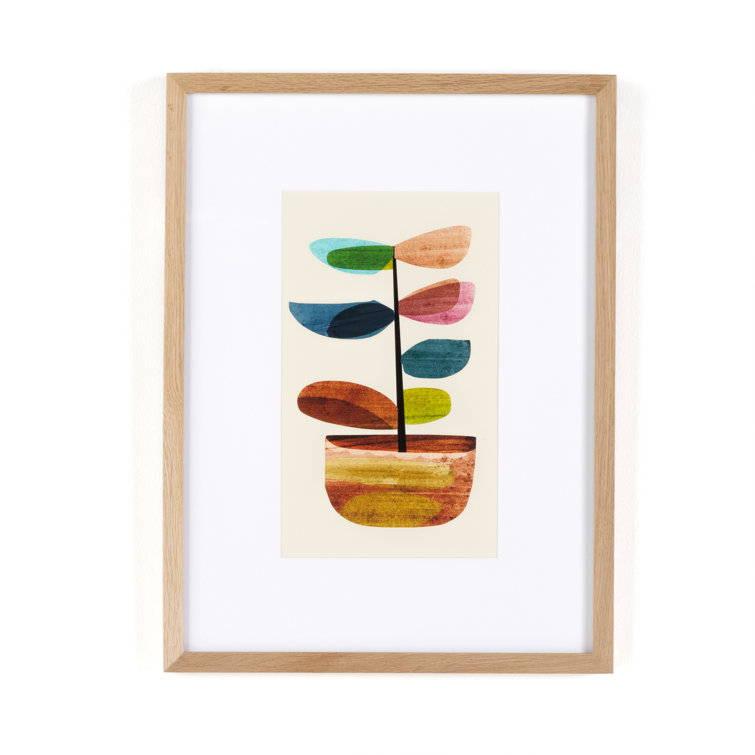 Modern Minimalist Multicolor Plant Art in Oak Frame