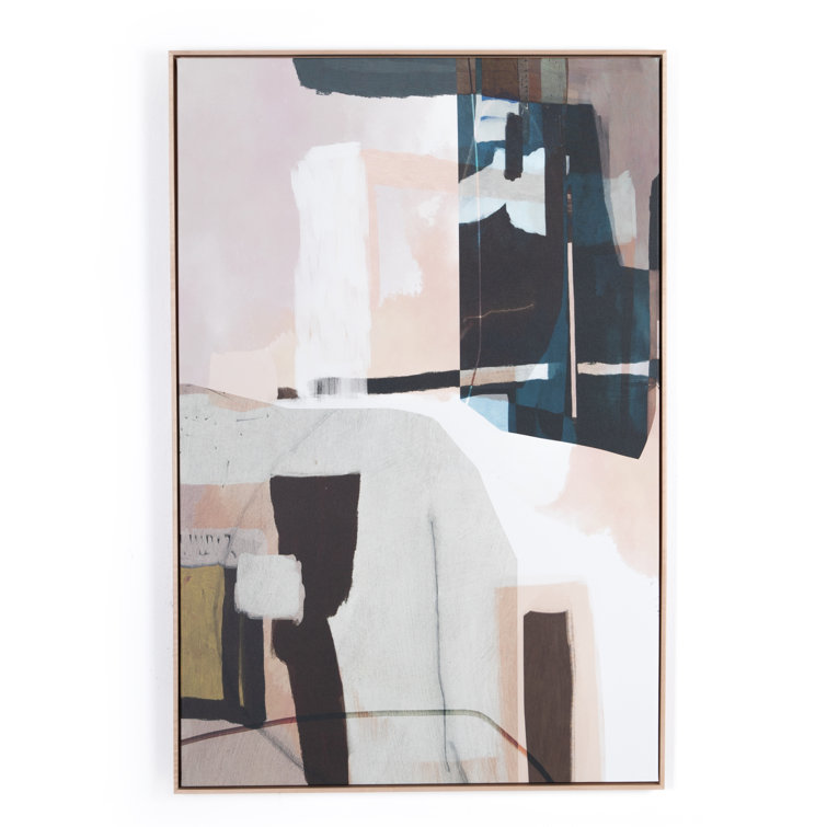 Large Abstract White and Black Canvas Print with Maple Frame