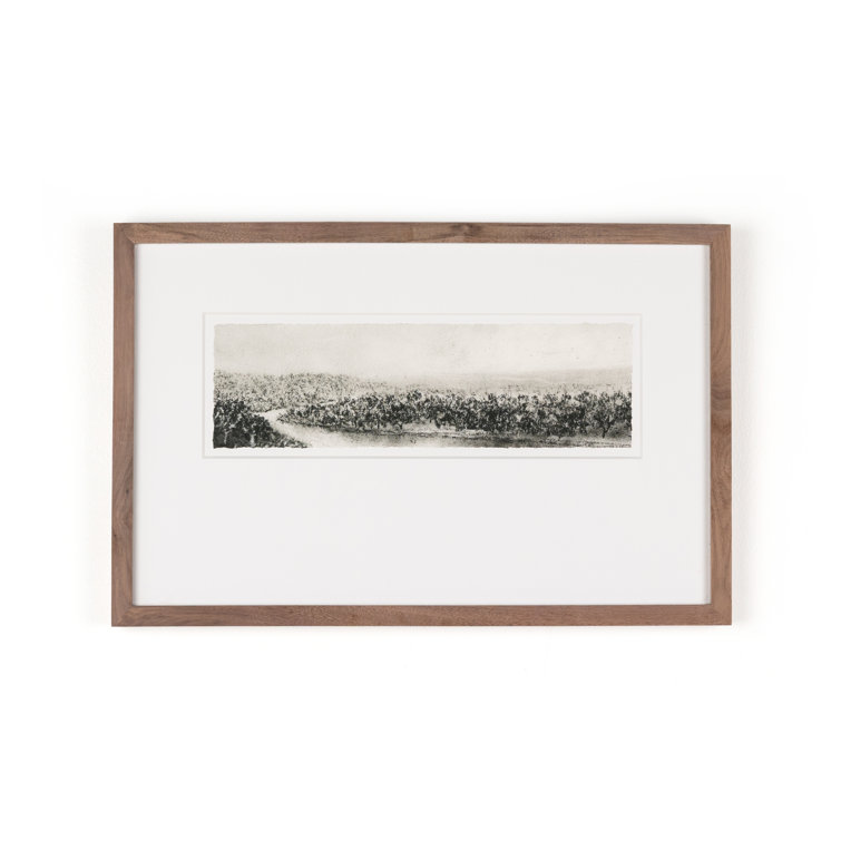 Walnut Framed Black and White Landscape Drawing Print