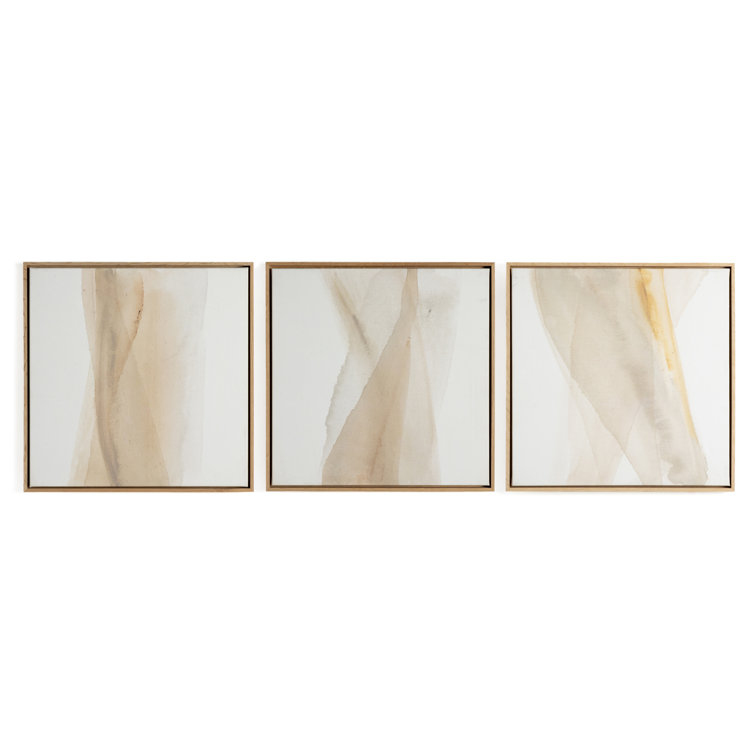 Neutral Abstract Canvas Triptych with Oak Frames