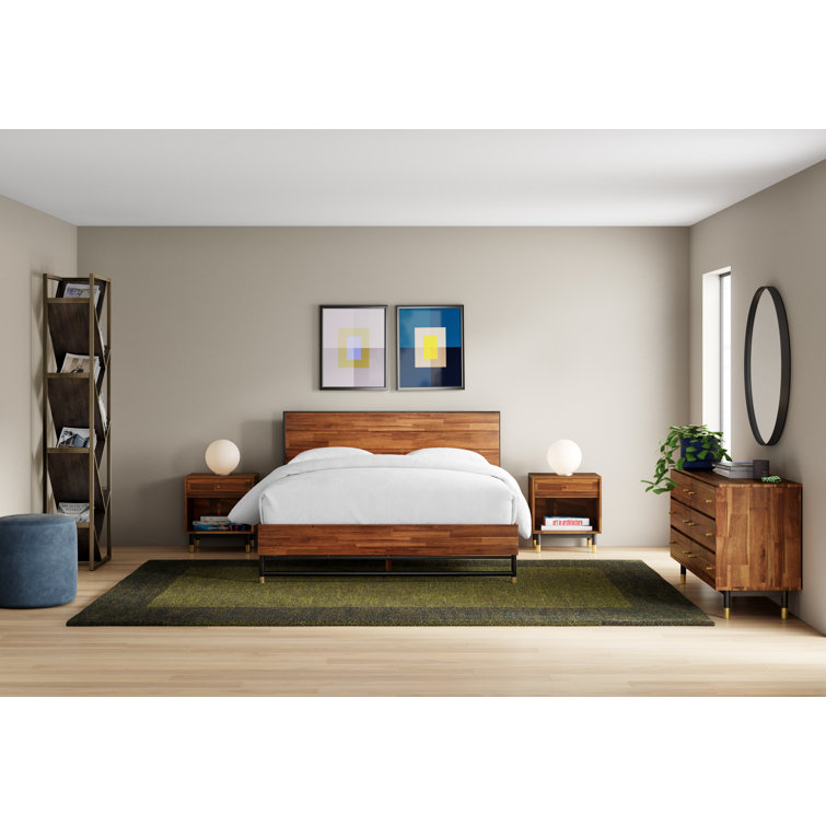 Queen Acacia Wood Bed Frame with Headboard and Slats
