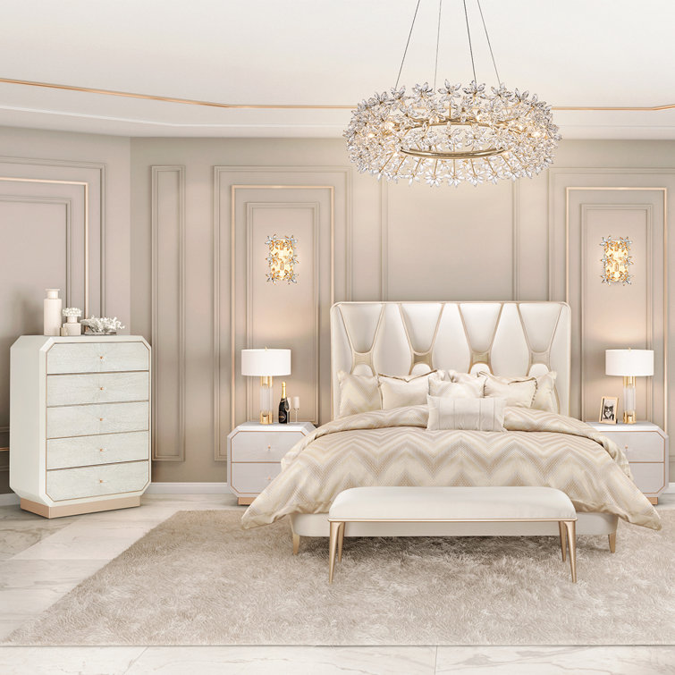 White Oak Veneer 5-Drawer Dresser with Champagne Accents