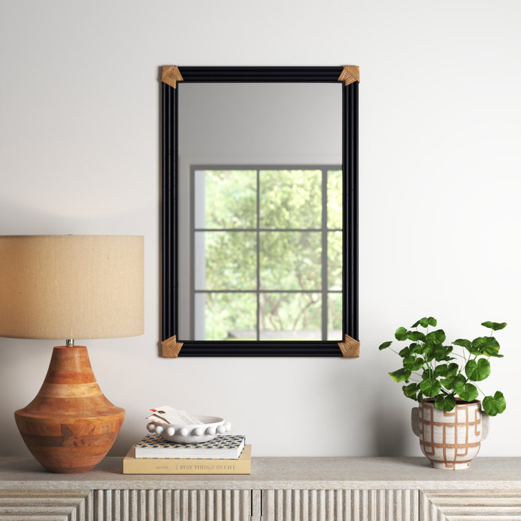 Black and Gold Rectangular Wall Mirror with Wooden Accents