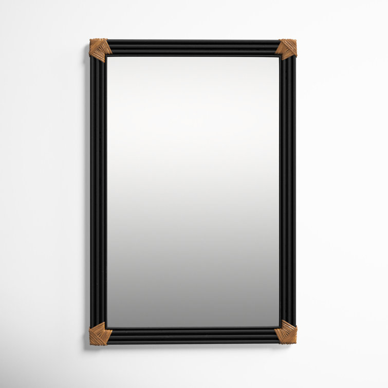 Black and Gold Rectangular Wall Mirror with Wooden Accents