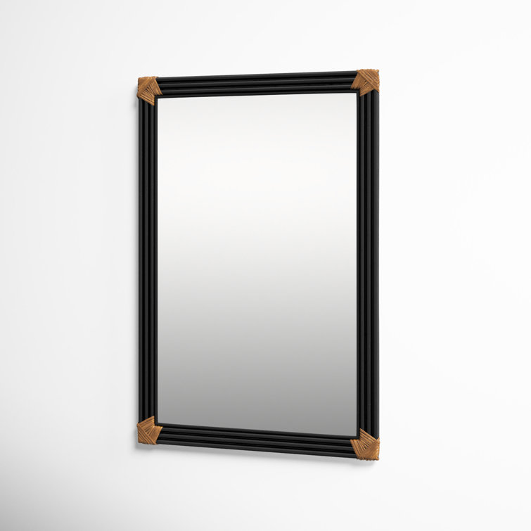 Black and Gold Rectangular Wall Mirror with Wooden Accents