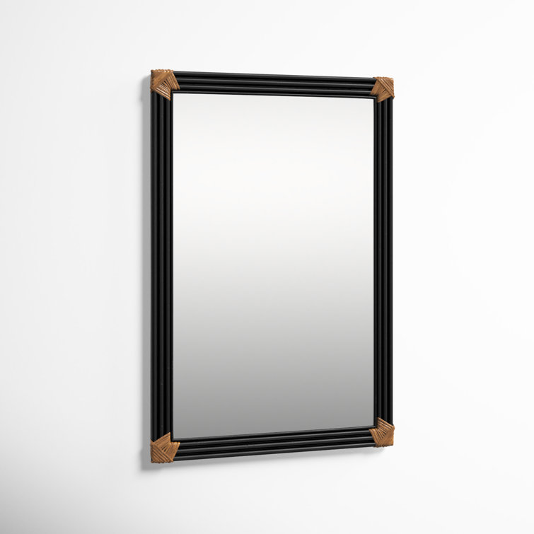 Black and Gold Rectangular Wall Mirror with Wooden Accents