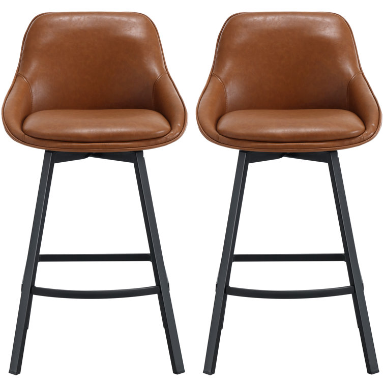 Brown Faux Leather Swivel Counter Stools with Steel Base, Set of 2