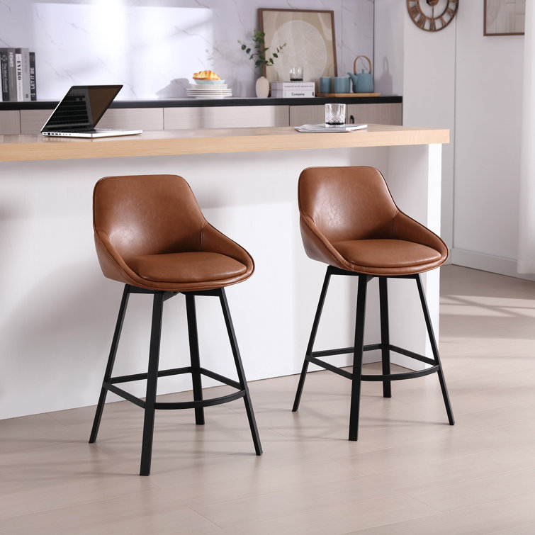 Brown Faux Leather Swivel Counter Stools with Steel Base, Set of 2