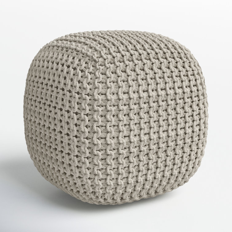 Beige Cotton Woven Square Pouf Ottoman
